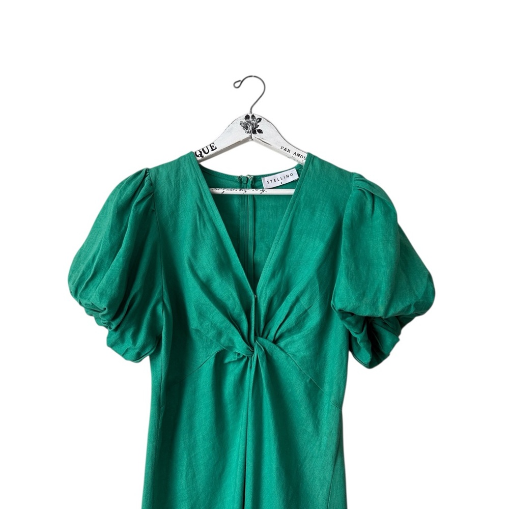 Stellino Midi Dress Pouff Sleeve In Green Linen Size AU 8 US 4 S - Picture 3 of 8